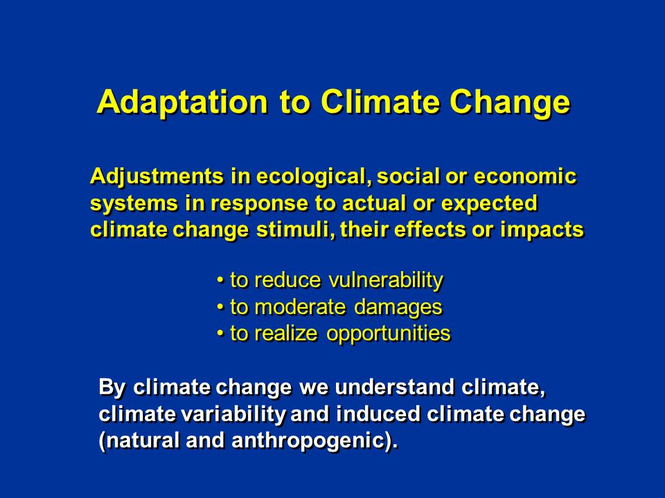 Adaptation to Climate Change Adjustments in ecological, social or economic systems in response to actual or expected climate change stimuli, their effects or impacts Adjustments in ecological, social or economic systems in response to actual or expected climate change stimuli, their effects or impacts to reduce vulnerability to moderate damages to realize opportunities to reduce vulnerability to moderate damages to realize opportunities By climate change we understand climate, climate variability and induced climate change (natural and anthropogenic).