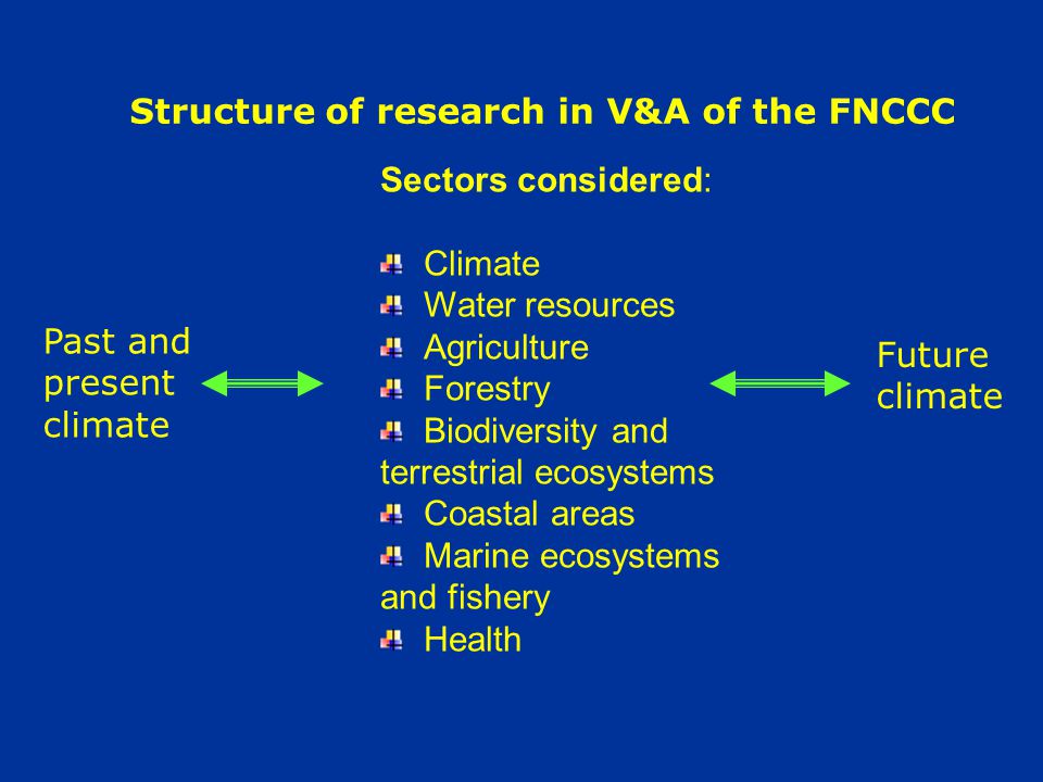 Sectors considered: Climate Water resources Agriculture Forestry Biodiversity and terrestrial ecosystems Coastal areas Marine ecosystems and fishery Health Past and present climate Future climate Structure of research in V&A of the FNCCC