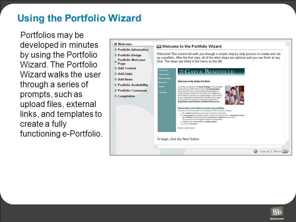 Using the Portfolio Wizard Portfolios may be developed in minutes by using the Portfolio Wizard.