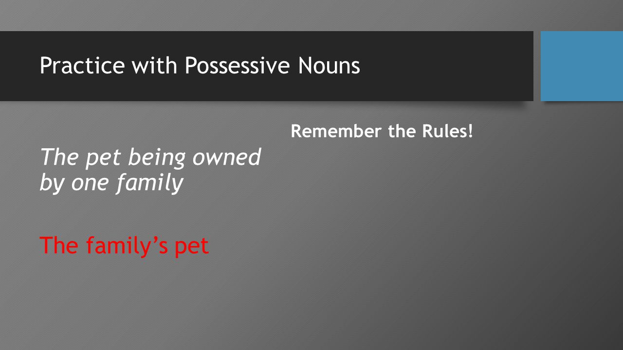 Practice with Possessive Nouns The pet being owned by one family The family’s pet Remember the Rules!