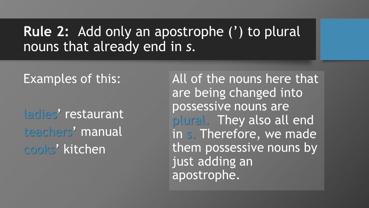 Rule 2: Add only an apostrophe (’) to plural nouns that already end in s.