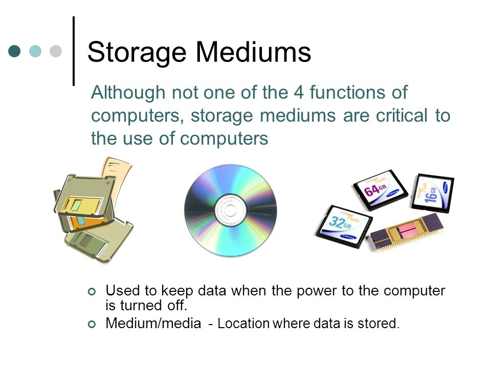 Storage Mediums Used to keep data when the power to the computer is turned off.