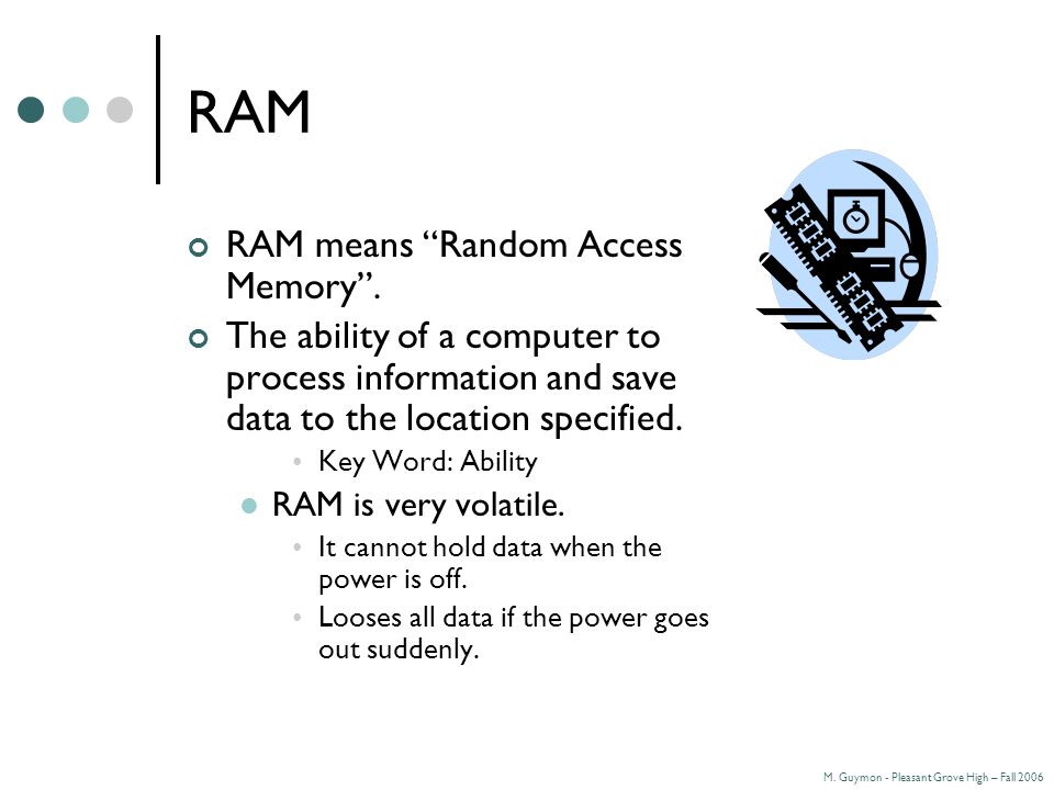 M. Guymon - Pleasant Grove High – Fall 2006 RAM RAM means Random Access Memory .