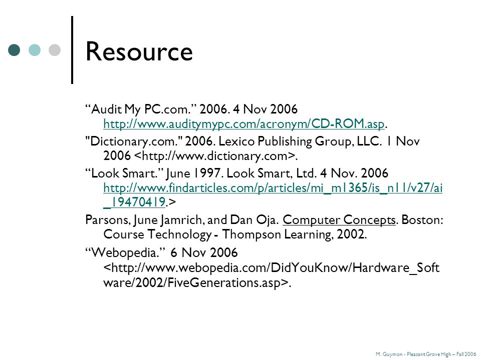 M. Guymon - Pleasant Grove High – Fall 2006 Resource Audit My PC.com