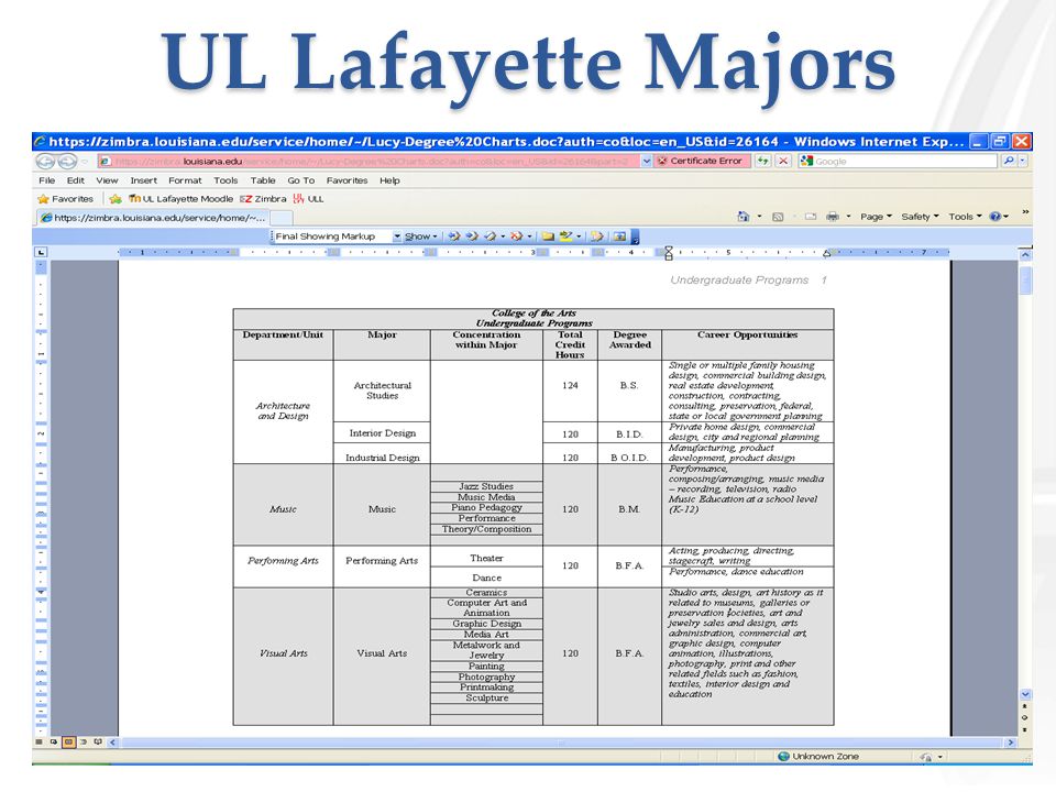 UL Lafayette Majors