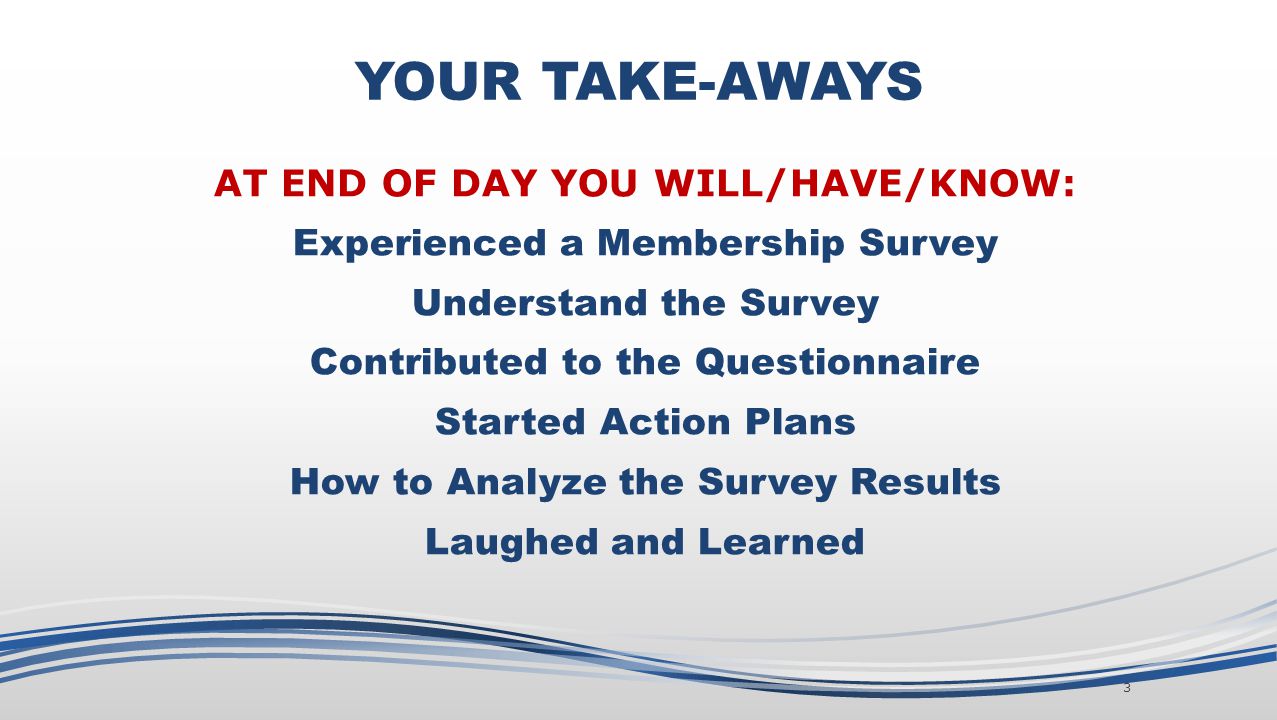 YOUR TAKE-AWAYS AT END OF DAY YOU WILL/HAVE/KNOW: Experienced a Membership Survey Understand the Survey Contributed to the Questionnaire Started Action Plans How to Analyze the Survey Results Laughed and Learned 3