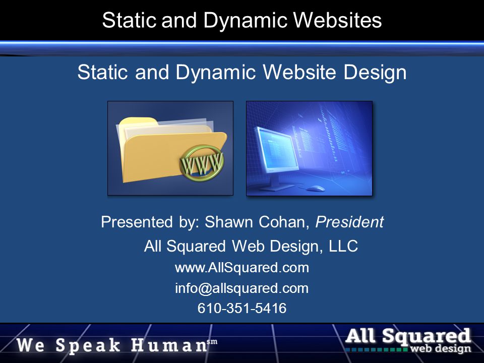 Static and Dynamic Websites Static and Dynamic Website Design Presented by: Shawn Cohan, President All Squared Web Design, LLC