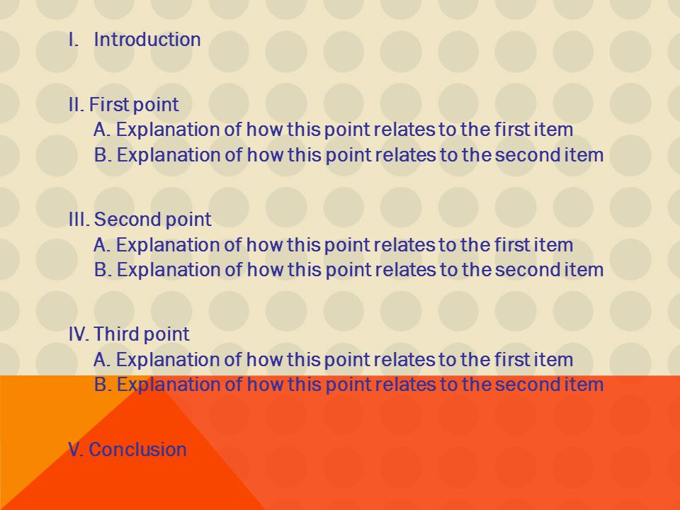I.Introduction II. First point A. Explanation of how this point relates to the first item B.