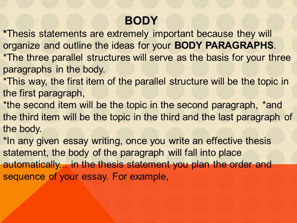 BODY *Thesis statements are extremely important because they will organize and outline the ideas for your BODY PARAGRAPHS.