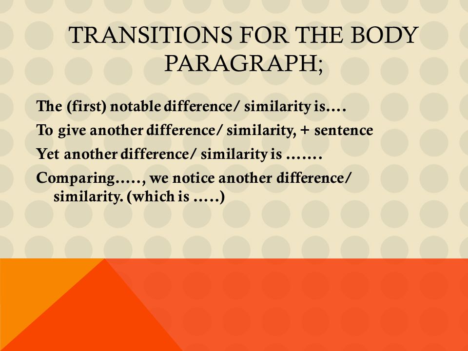 TRANSITIONS FOR THE BODY PARAGRAPH; The (first) notable difference/ similarity is….