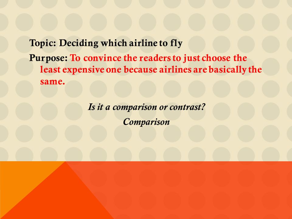 Topic: Deciding which airline to fly Purpose: To convince the readers to just choose the least expensive one because airlines are basically the same.