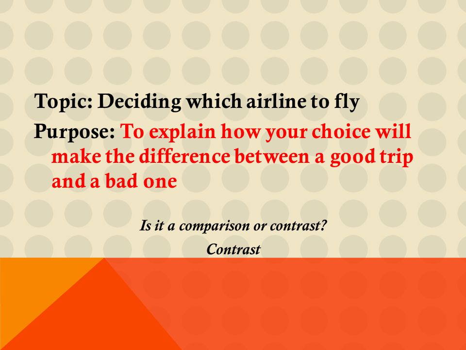 Topic: Deciding which airline to fly Purpose: To explain how your choice will make the difference between a good trip and a bad one Is it a comparison or contrast.