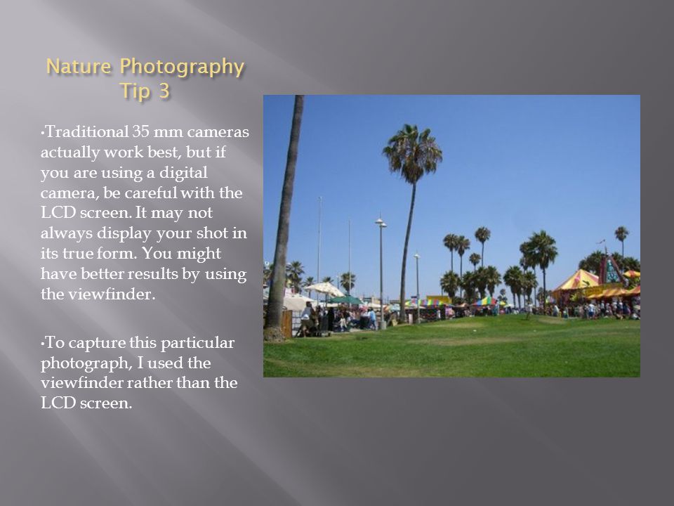 Nature Photography Tip 3 Traditional 35 mm cameras actually work best, but if you are using a digital camera, be careful with the LCD screen.