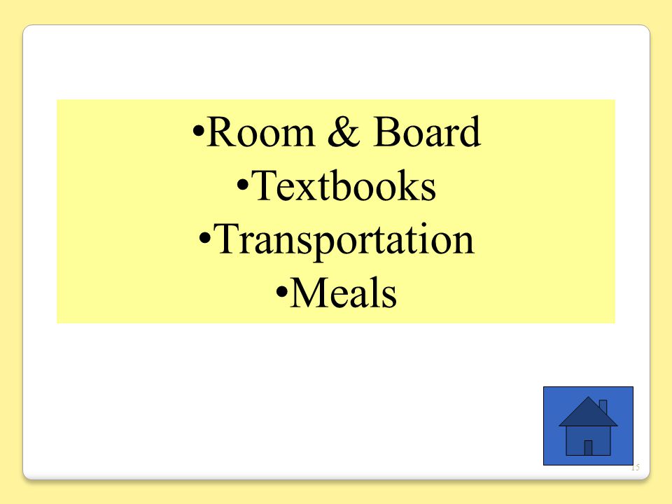 15 Room & Board Textbooks Transportation Meals