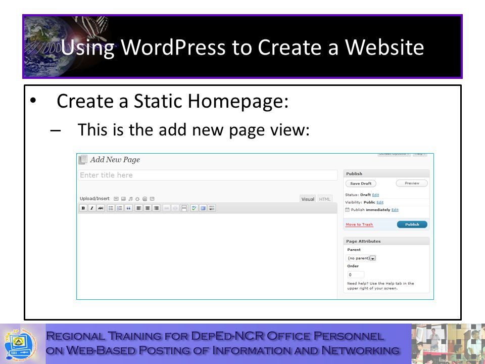 Using WordPress to Create a Website Create a Static Homepage: – This is the add new page view: