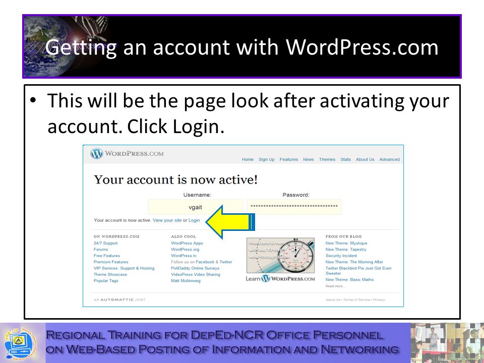 Getting an account with WordPress.com This will be the page look after activating your account.