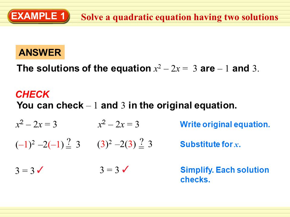 EXAMPLE 1 ANSWER The solutions of the equation x 2 – 2x = 3 are – 1 and 3.