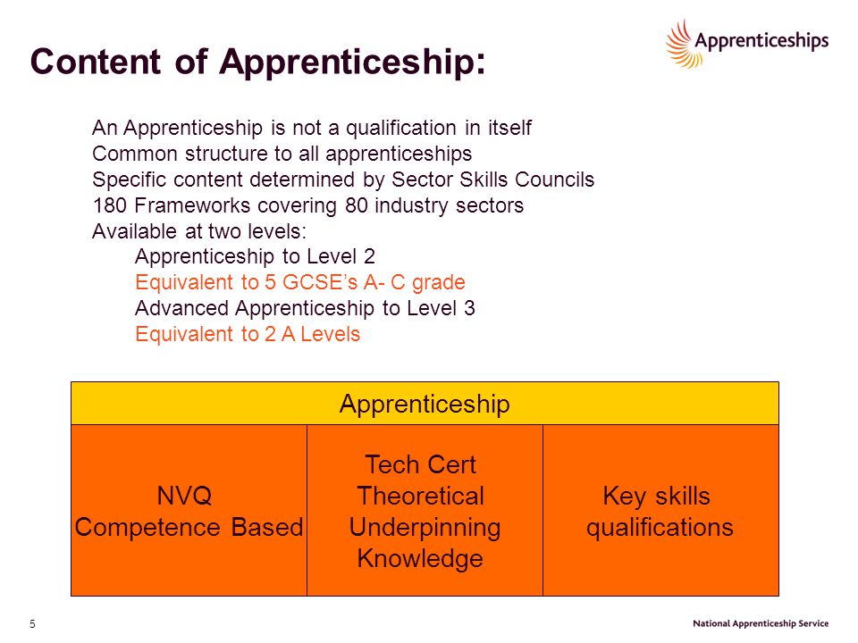5 Content of Apprenticeship : An Apprenticeship is not a qualification in itself Common structure to all apprenticeships Specific content determined by Sector Skills Councils 180 Frameworks covering 80 industry sectors Available at two levels: Apprenticeship to Level 2 Equivalent to 5 GCSE’s A- C grade Advanced Apprenticeship to Level 3 Equivalent to 2 A Levels NVQ Competence Based Tech Cert Theoretical Underpinning Knowledge Key skills qualifications Apprenticeship