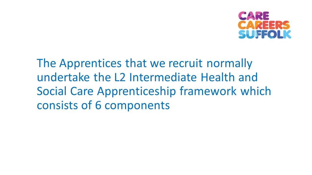 The Apprentices that we recruit normally undertake the L2 Intermediate Health and Social Care Apprenticeship framework which consists of 6 components