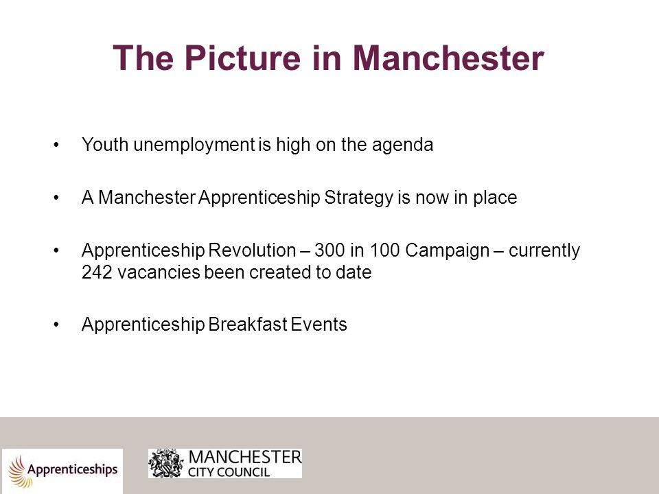 The Picture in Manchester Youth unemployment is high on the agenda A Manchester Apprenticeship Strategy is now in place Apprenticeship Revolution – 300 in 100 Campaign – currently 242 vacancies been created to date Apprenticeship Breakfast Events