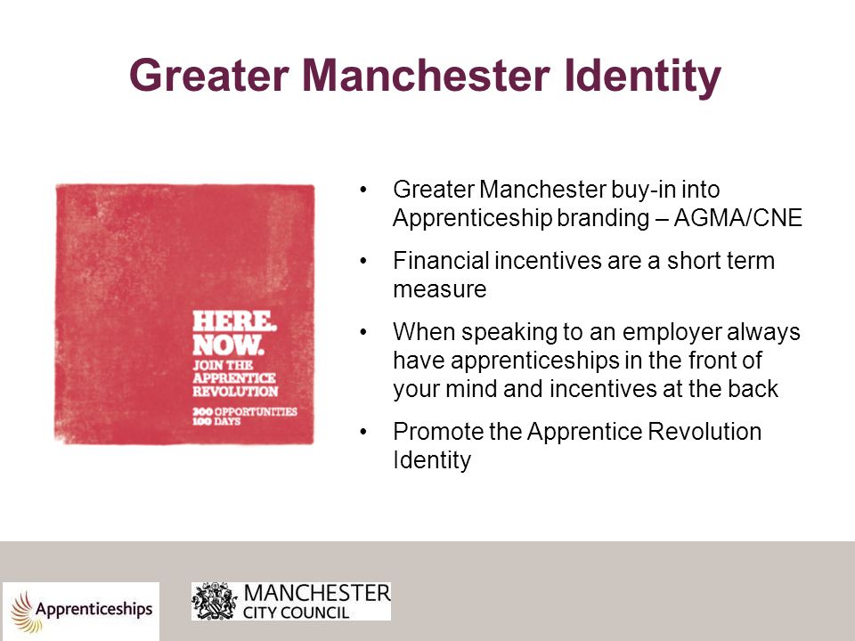 Greater Manchester Identity Greater Manchester buy-in into Apprenticeship branding – AGMA/CNE Financial incentives are a short term measure When speaking to an employer always have apprenticeships in the front of your mind and incentives at the back Promote the Apprentice Revolution Identity