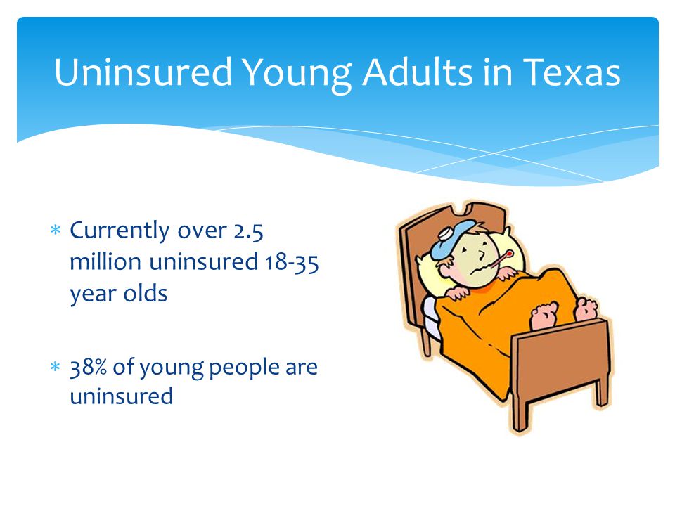 Uninsured Young Adults in Texas  Currently over 2.5 million uninsured year olds  38% of young people are uninsured