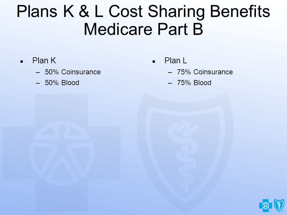 24 Plans K & L Cost Sharing Benefits Medicare Part B ● Plan K –50% Coinsurance –50% Blood ● Plan L –75% Coinsurance –75% Blood