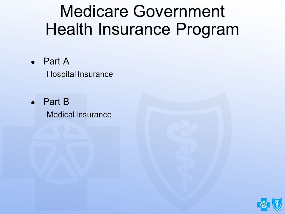 3 Medicare Government Health Insurance Program ● Part A Hospital Insurance ● Part B Medical Insurance