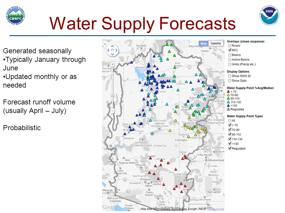 Water Supply Forecasts 7 Generated seasonally Typically January through June Updated monthly or as needed Forecast runoff volume (usually April – July) Probabilistic