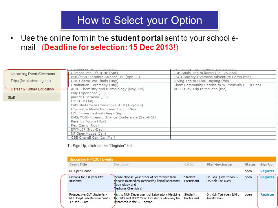 How to Select your Option Use the online form in the student portal sent to your school e- mail (Deadline for selection: 15 Dec 2013!) 19