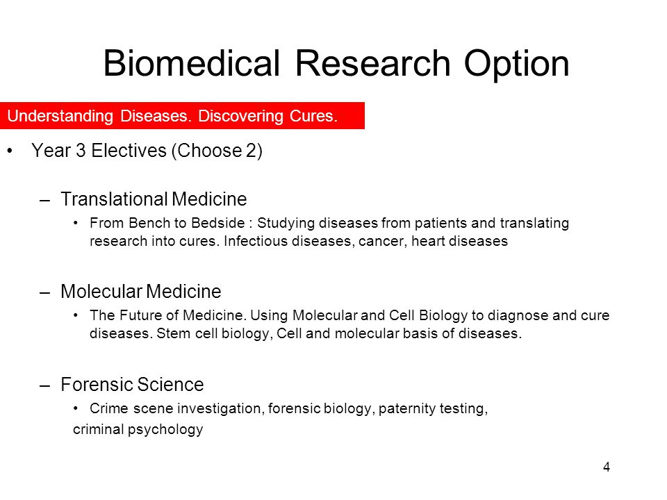 Biomedical Research Option Year 3 Electives (Choose 2) –Translational Medicine From Bench to Bedside : Studying diseases from patients and translating research into cures.
