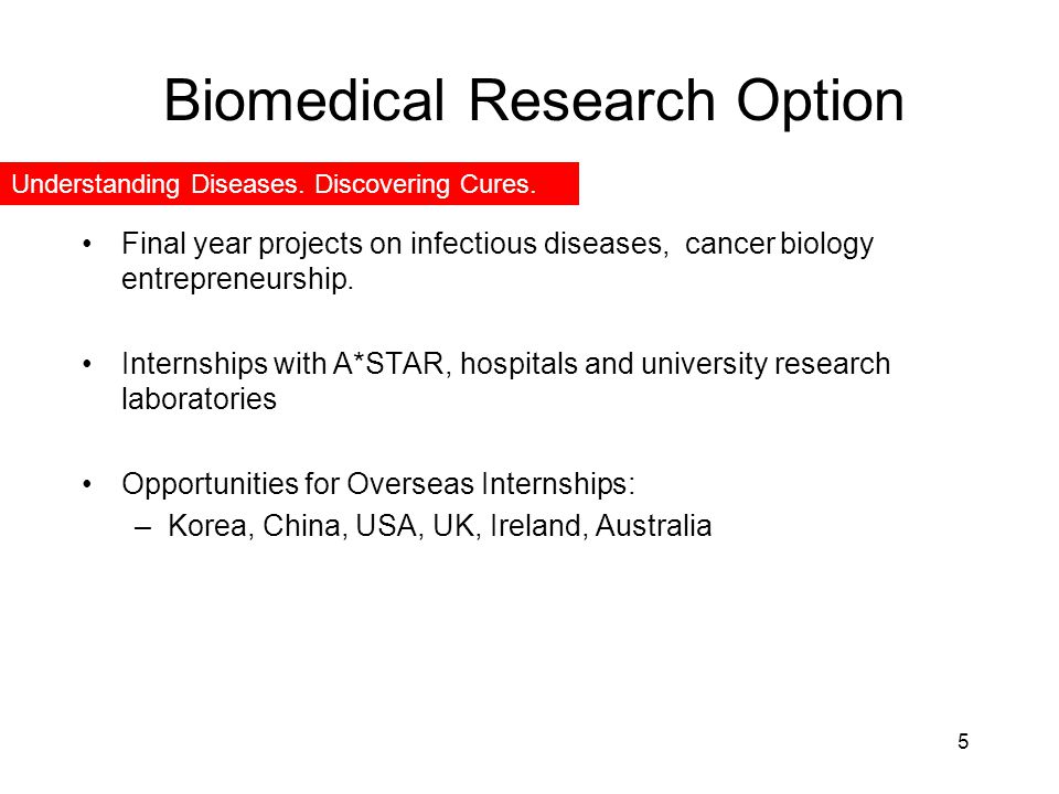 Final year projects on infectious diseases, cancer biology entrepreneurship.