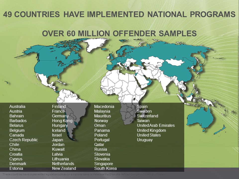 49 COUNTRIES HAVE IMPLEMENTED NATIONAL PROGRAMS OVER 60 MILLION OFFENDER SAMPLES These countries have implemented legislation/polices on a national basis to database the DNA of a defined category of criminal offender Australia Austria Bahrain Barbados Belarus Belgium Canada Czech Republic Chile China Croatia Cyprus Denmark Estonia Finland France Germany Hong Kong Hungary Iceland Israel Japan Jordan Kuwait Latvia Lithuania Netherlands New Zealand Macedonia Malaysia Mauritius Norway Oman Panama Poland Portugal Qatar Russia Slovenia Slovakia Singapore South Korea Spain Sweden Switzerland Taiwan United Arab Emirates United Kingdom United States Uruguay