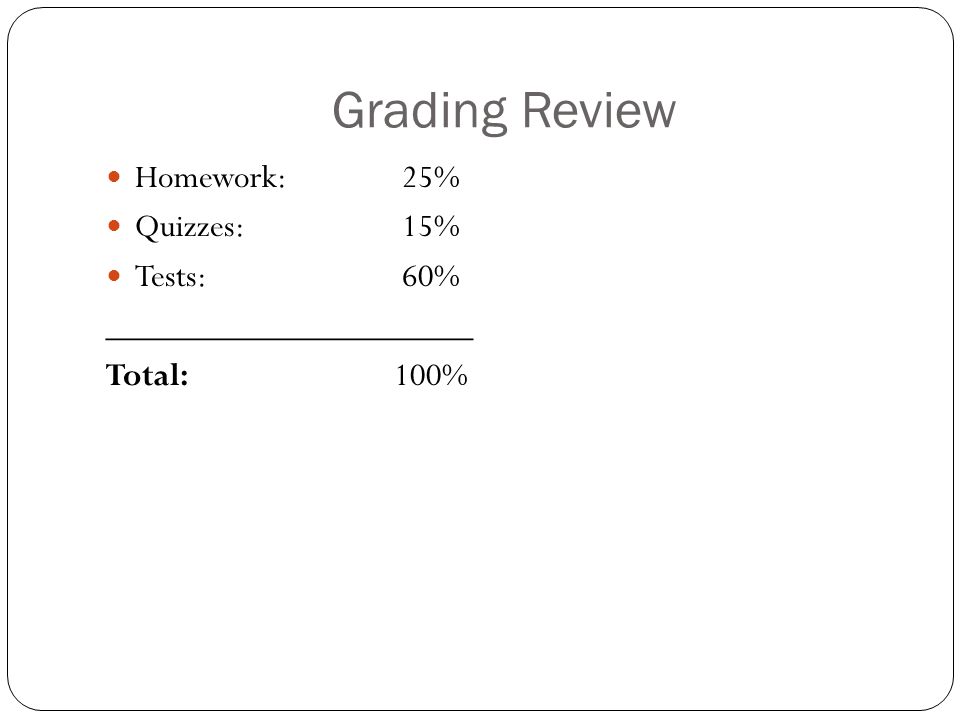 Grading Review Homework: 25% Quizzes: 15% Tests: 60% _____________________ Total:100%