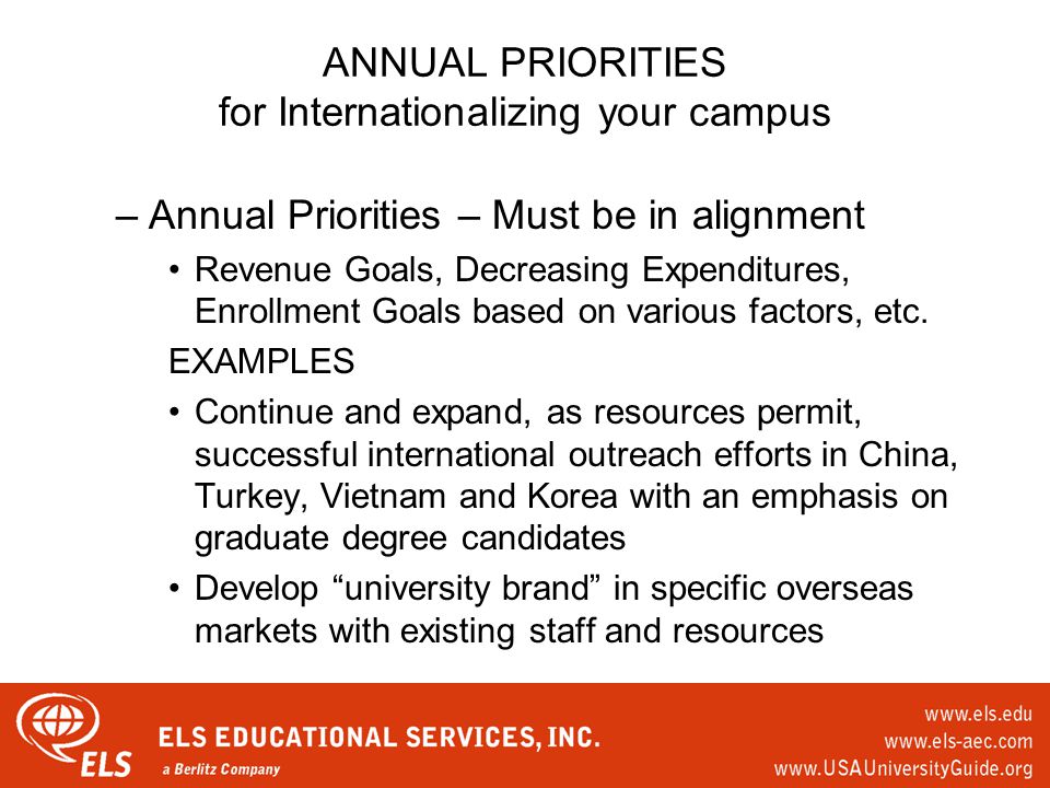 ANNUAL PRIORITIES for Internationalizing your campus –Annual Priorities – Must be in alignment Revenue Goals, Decreasing Expenditures, Enrollment Goals based on various factors, etc.