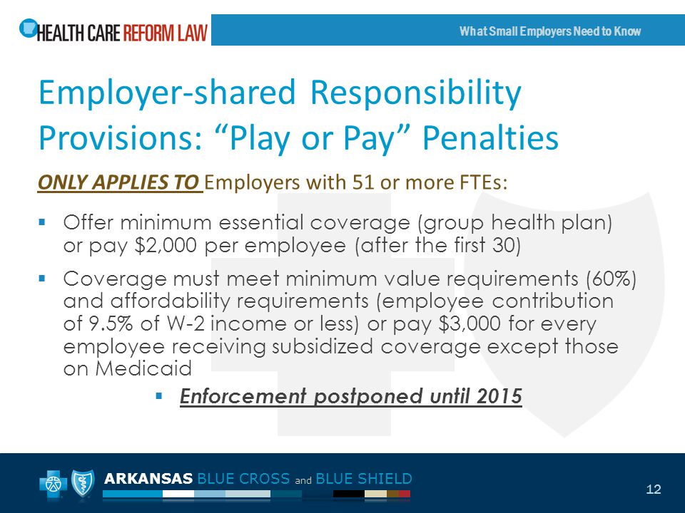 ARKANSAS BLUE CROSS and BLUE SHIELD What Small Employers Need to Know 12 Employer-shared Responsibility Provisions: Play or Pay Penalties  Offer minimum essential coverage (group health plan) or pay $2,000 per employee (after the first 30)  Coverage must meet minimum value requirements (60%) and affordability requirements (employee contribution of 9.5% of W-2 income or less) or pay $3,000 for every employee receiving subsidized coverage except those on Medicaid  Enforcement postponed until 2015 ONLY APPLIES TO Employers with 51 or more FTEs: