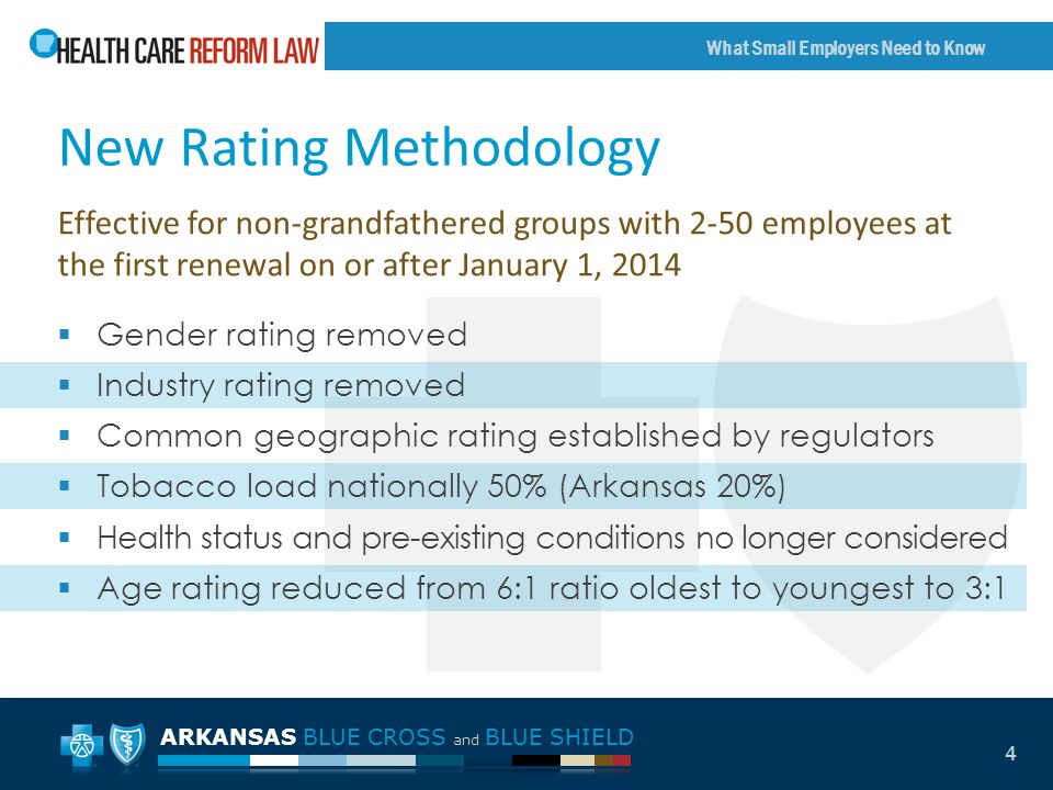 ARKANSAS BLUE CROSS and BLUE SHIELD What Small Employers Need to Know 4 New Rating Methodology Effective for non-grandfathered groups with 2-50 employees at the first renewal on or after January 1, 2014  Gender rating removed  Industry rating removed  Common geographic rating established by regulators  Tobacco load nationally 50% (Arkansas 20%)  Health status and pre-existing conditions no longer considered  Age rating reduced from 6:1 ratio oldest to youngest to 3:1