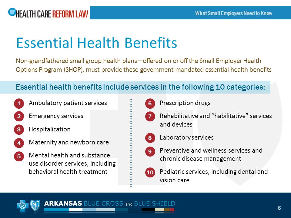 ARKANSAS BLUE CROSS and BLUE SHIELD What Small Employers Need to Know 6 Essential Health Benefits Prescription drugs Rehabilitative and habilitative services and devices Laboratory services Preventive and wellness services and chronic disease management Pediatric services, including dental and vision care Non-grandfathered small group health plans – offered on or off the Small Employer Health Options Program (SHOP), must provide these government-mandated essential health benefits Essential health benefits include services in the following 10 categories: Ambulatory patient services Emergency services Hospitalization Maternity and newborn care Mental health and substance use disorder services, including behavioral health treatment