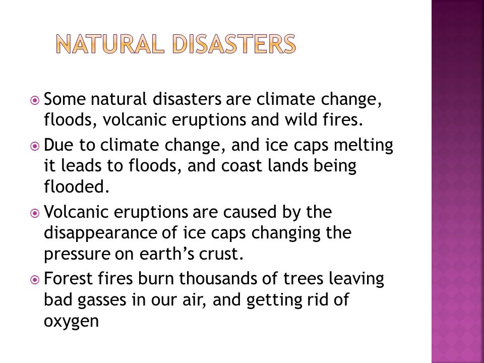  Some natural disasters are climate change, floods, volcanic eruptions and wild fires.