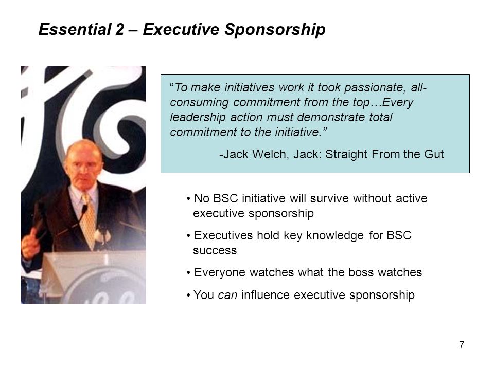 7 Essential 2 – Executive Sponsorship To make initiatives work it took passionate, all- consuming commitment from the top…Every leadership action must demonstrate total commitment to the initiative. -Jack Welch, Jack: Straight From the Gut No BSC initiative will survive without active executive sponsorship Executives hold key knowledge for BSC success Everyone watches what the boss watches You can influence executive sponsorship