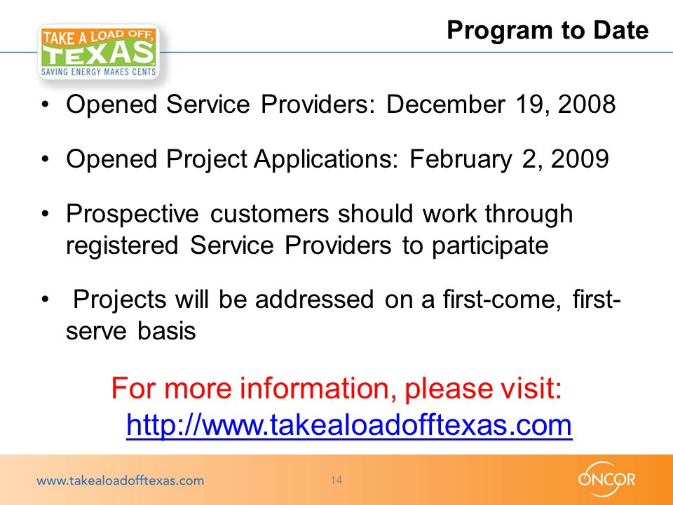 Opened Service Providers: December 19, 2008 Opened Project Applications: February 2, 2009 Prospective customers should work through registered Service Providers to participate Projects will be addressed on a first-come, first- serve basis For more information, please visit:     Program to Date 14