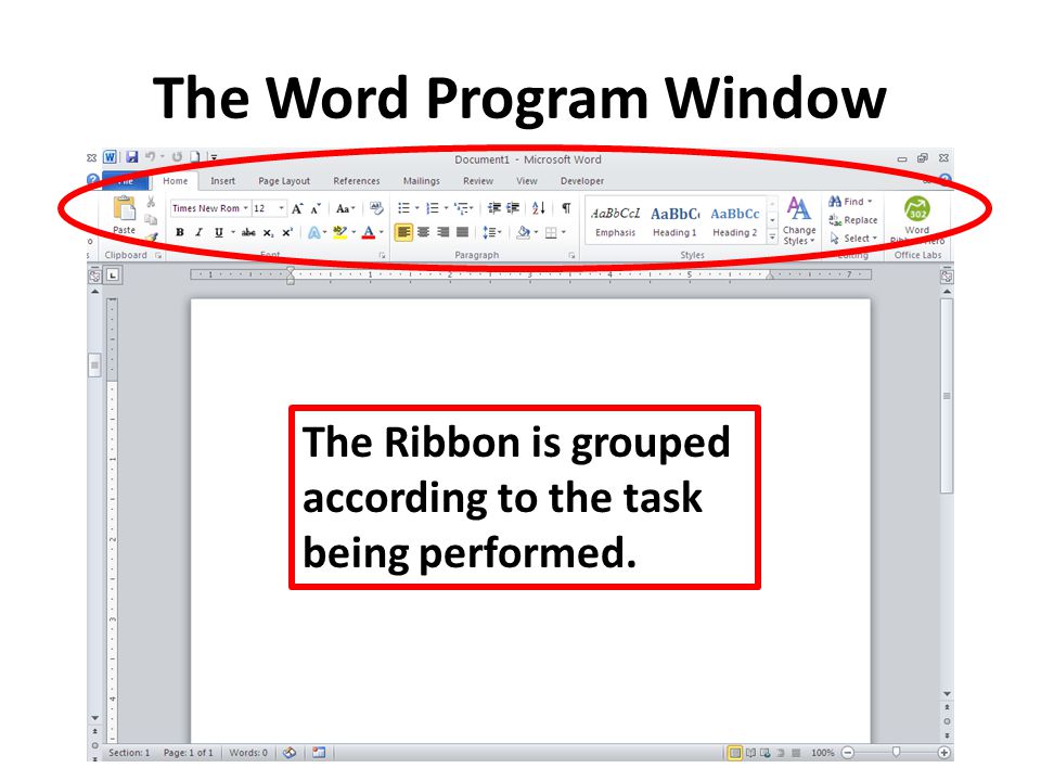 The Word Program Window The Ribbon is grouped according to the task being performed.