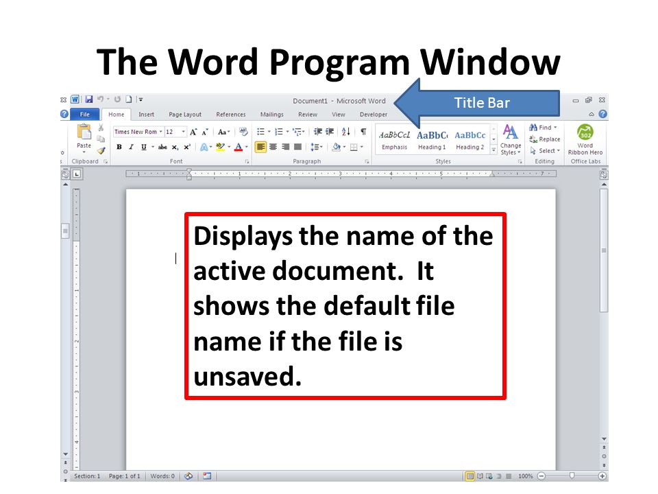 The Word Program Window Title Bar Displays the name of the active document.