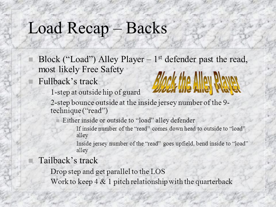 Load Recap – Backs n Block ( Load ) Alley Player – 1 st defender past the read, most likely Free Safety n Fullback’s track – 1-step at outside hip of guard – 2-step bounce outside at the inside jersey number of the 9- technique ( read ) n Either inside or outside to load alley defender – If inside number of the read comes down head to outside to load alley – Inside jersey number of the read goes upfield, bend inside to load alley n Tailback’s track – Drop step and get parallel to the LOS – Work to keep 4 & 1 pitch relationship with the quarterback