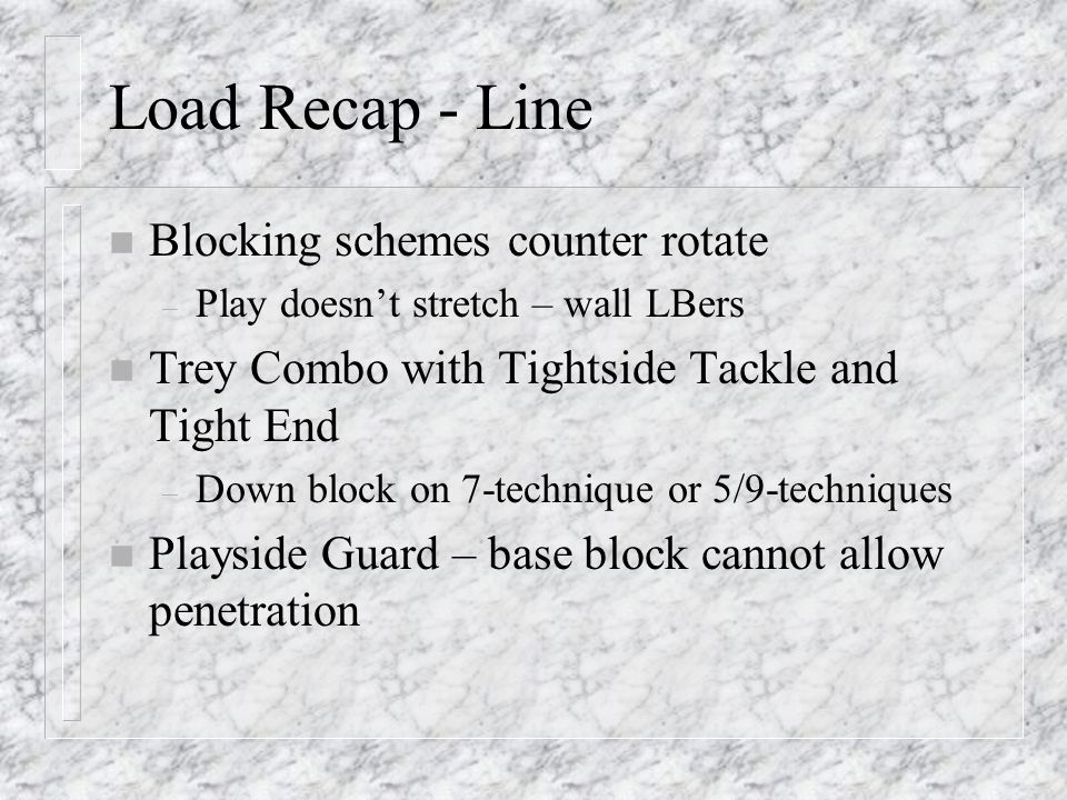 Load Recap - Line n Blocking schemes counter rotate – Play doesn’t stretch – wall LBers n Trey Combo with Tightside Tackle and Tight End – Down block on 7-technique or 5/9-techniques n Playside Guard – base block cannot allow penetration
