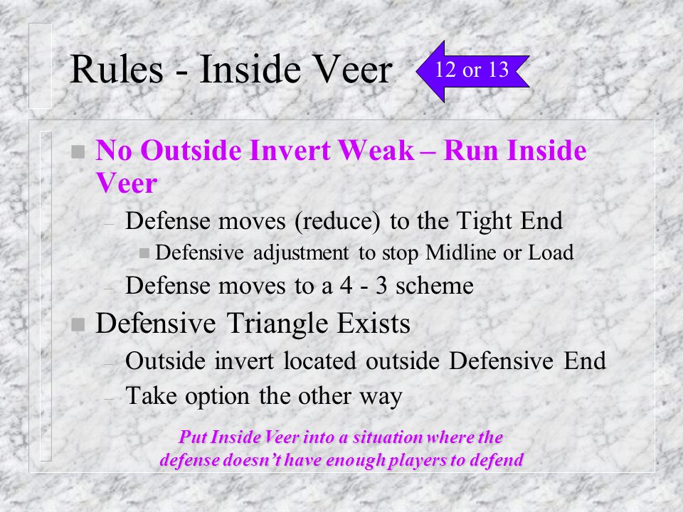 Rules - Inside Veer n No Outside Invert Weak – Run Inside Veer – Defense moves (reduce) to the Tight End n Defensive adjustment to stop Midline or Load – Defense moves to a scheme n Defensive Triangle Exists – Outside invert located outside Defensive End – Take option the other way 12 or 13 Put Inside Veer into a situation where the defense doesn’t have enough players to defend