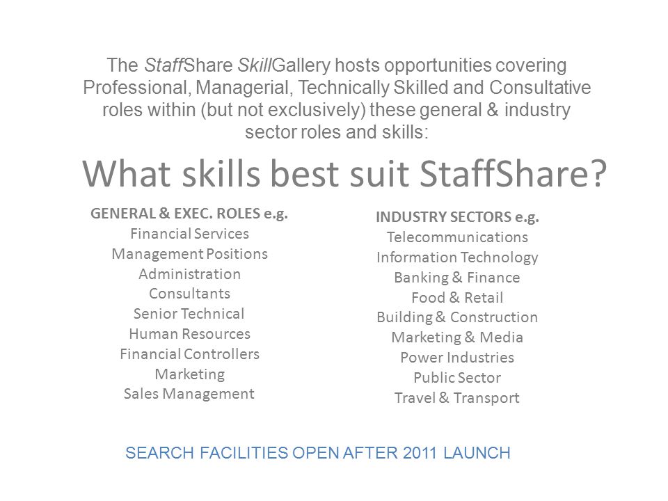 What skills best suit StaffShare. GENERAL & EXEC.