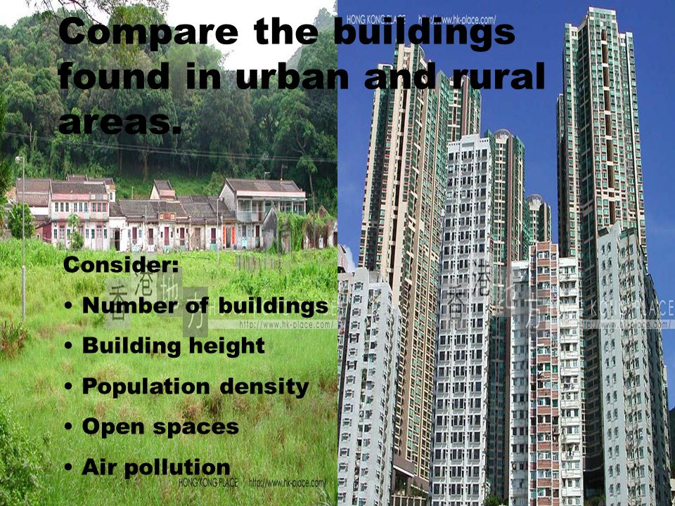 Compare the buildings found in urban and rural areas.