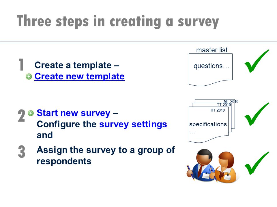Three steps in creating a survey 1 Create a template – Create new template 2 Start new survey – Configure the survey settings and master list questions… specifications … HT 2010 TT 2010 MT 2010 Assign the survey to a group of respondents 3