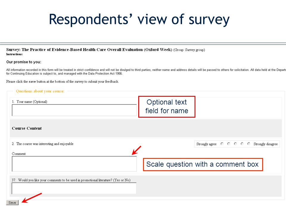 Respondents’ view of survey Scale question with a comment box Optional text field for name
